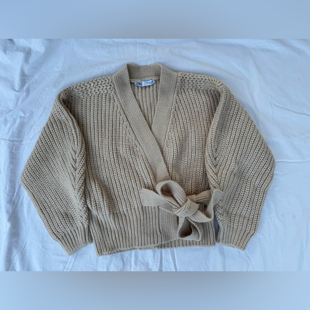 Zara Beige Knit Cardigan with Tie